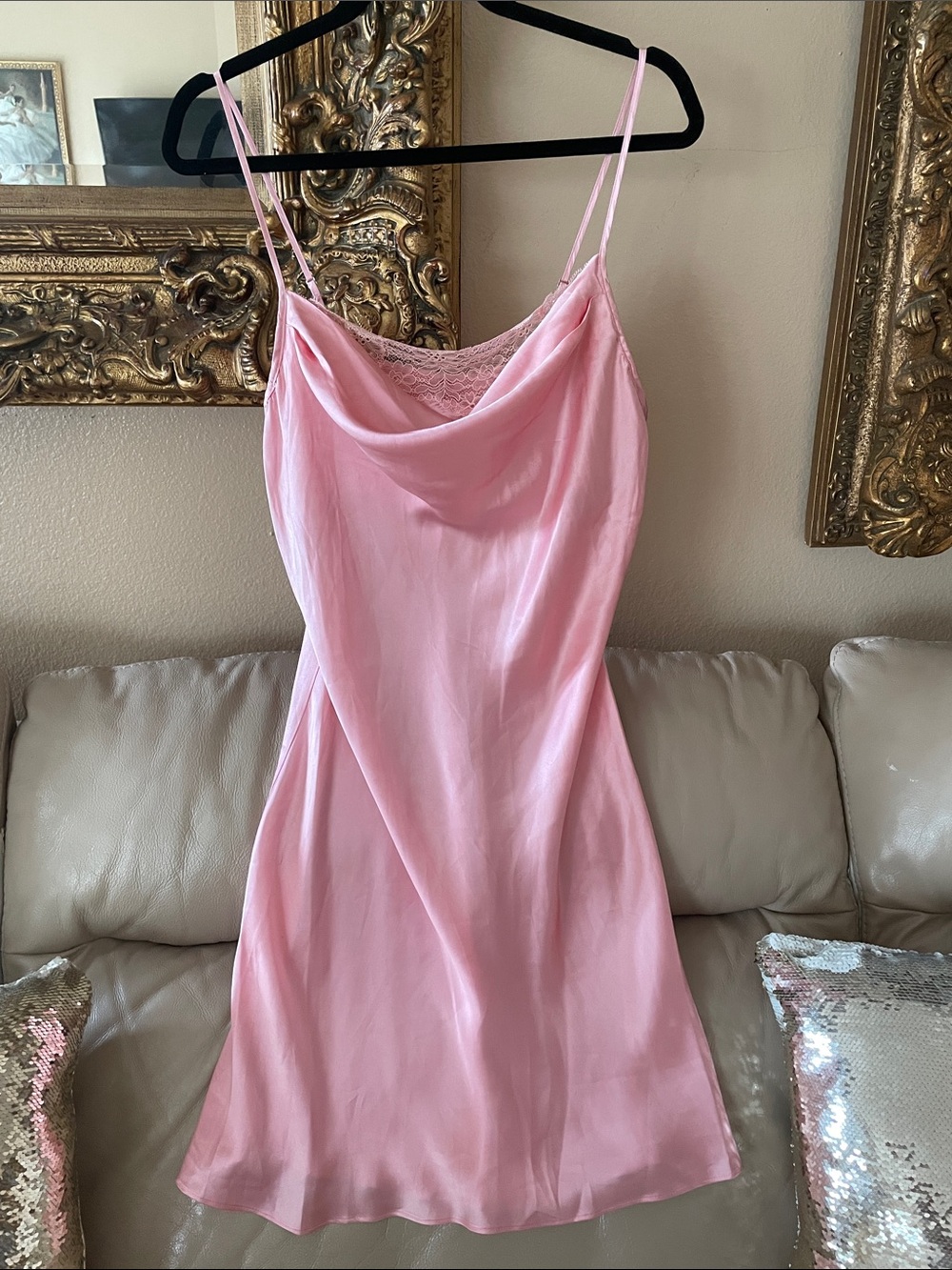 Josie Natori 100% Silk Chemise Slip Dress with Lace
